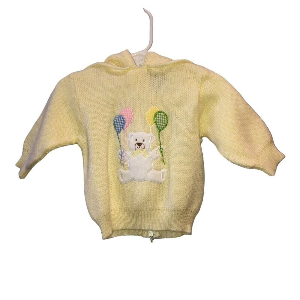 VTG Baby Kisses Girl Toddler 12 Months Yellow Knit Zip Back Bear Hooded Sweater